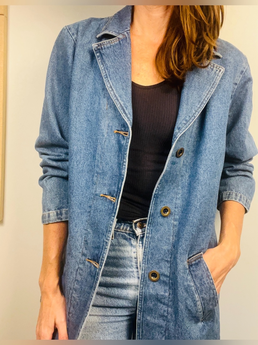 Vintage Denim Oversized Blazer Jacket – Long Chore Coat – Size L